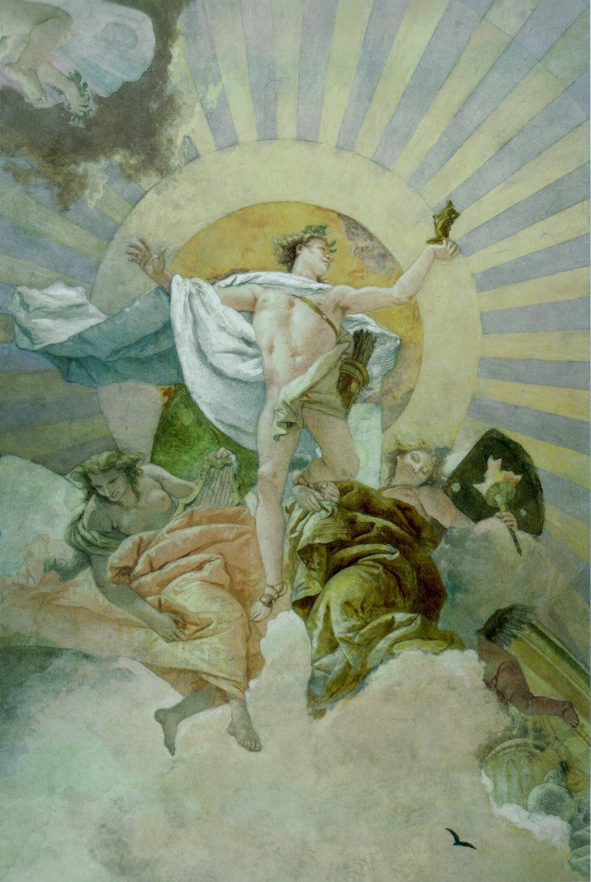 Stropní freska na schodišti rezidence Würzburg, severní nebe bohů, detail od Giovanni Battista Tiepolo