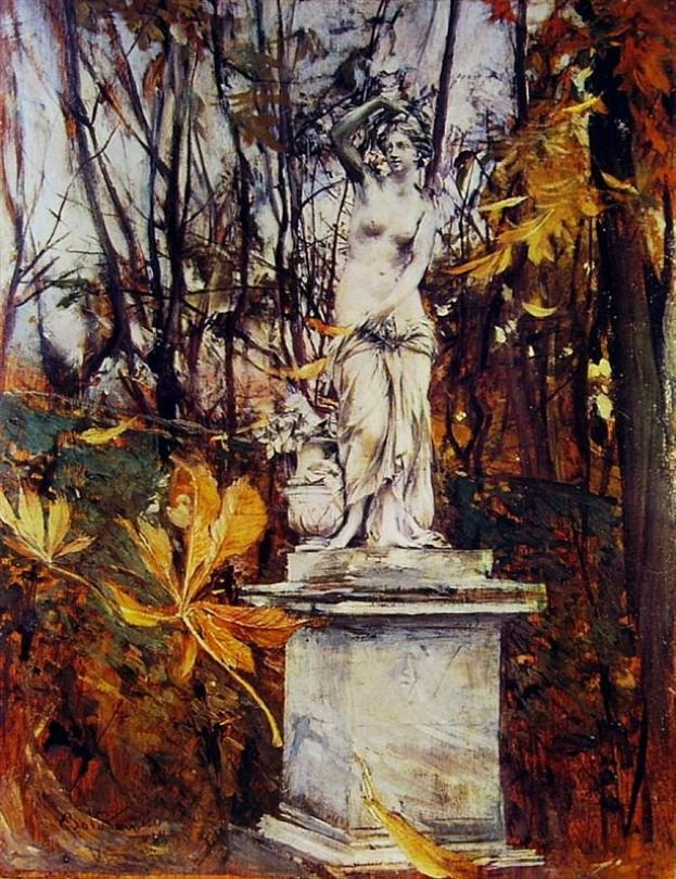 Socha ve Versailleském parku Německy: Socha ve Versaillesnském parku Polski: Posag w wersalskim parkun od Giovanni Boldini