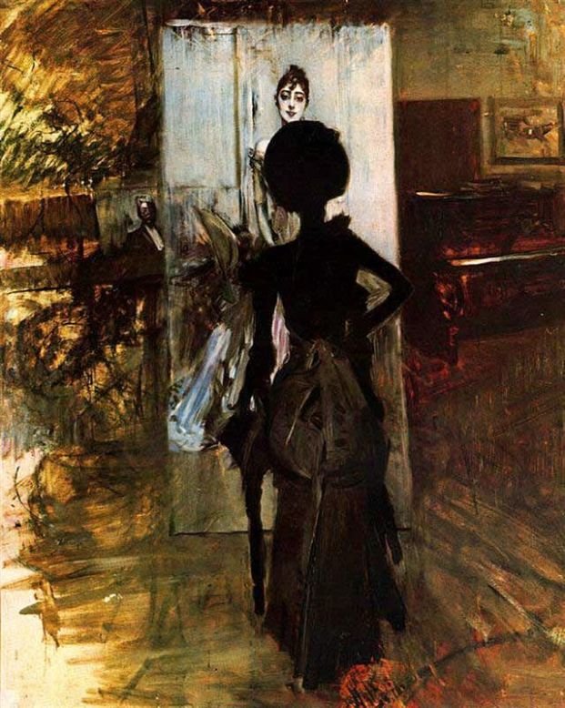 Žena v černém, která sleduje pastel Signora Emiliana Concha de Ossan od Giovanni Boldini