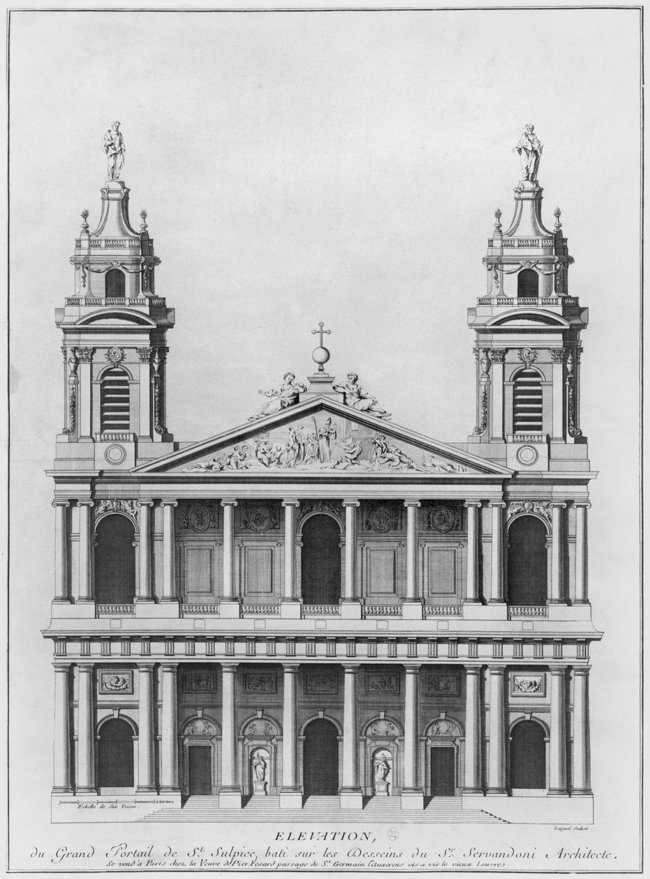 Kostel Saint-Sulpice, průčelí, Paříž, ryté Loignel nebo Laignel od Giovanni Niccolo Servandoni