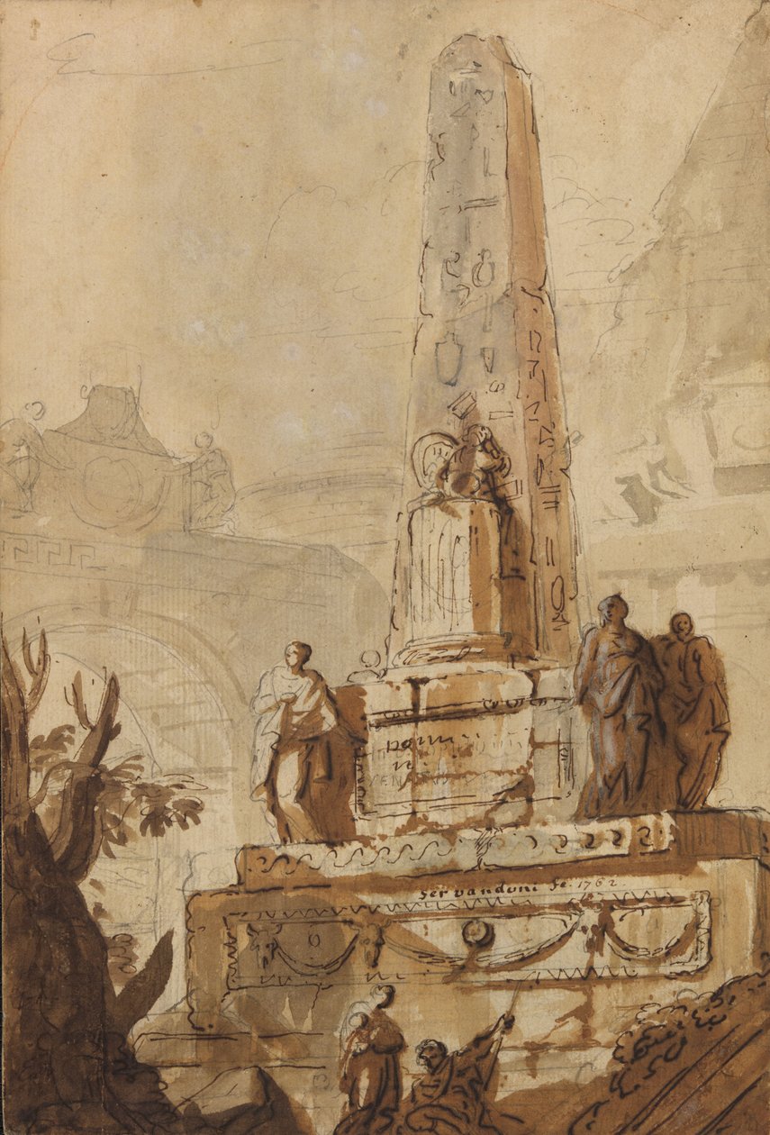 Egyptský obelisk v krajině s ruinami, obloukem a pyramidou od Giovanni Niccolo Servandoni