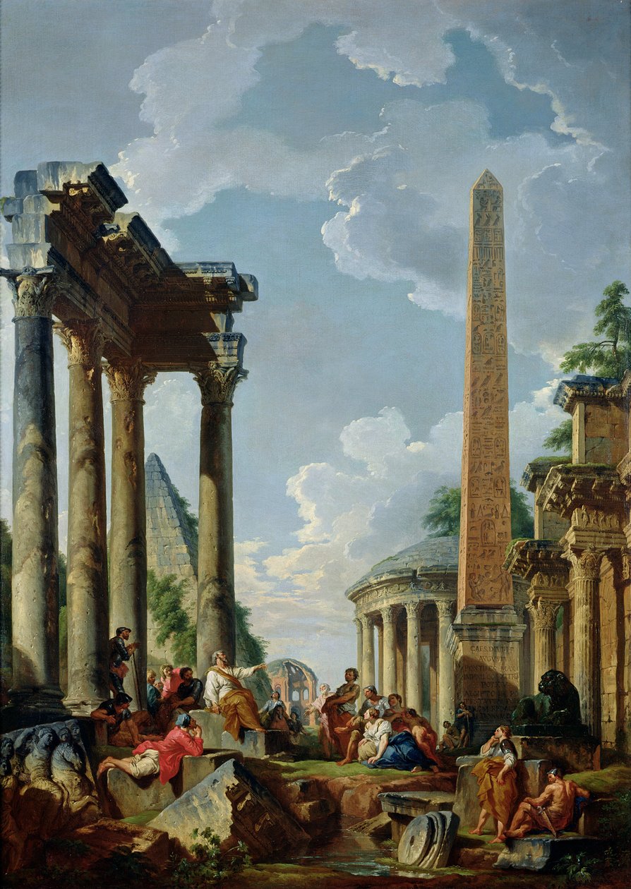 Architektonické Capriccio s kazatelem v ruinách, kolem roku 1745 od Giovanni Paolo Pannini