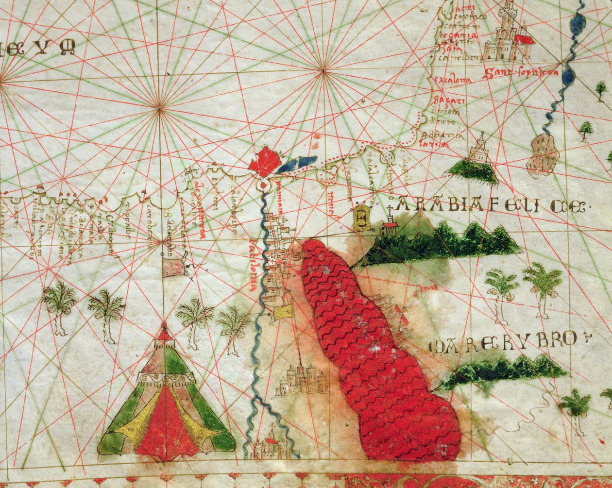 Rudé moře, z námořního atlasu, 1520 (inkoust na pergamenu) (detail z 330913) od Giovanni Xenodocus da Corfu