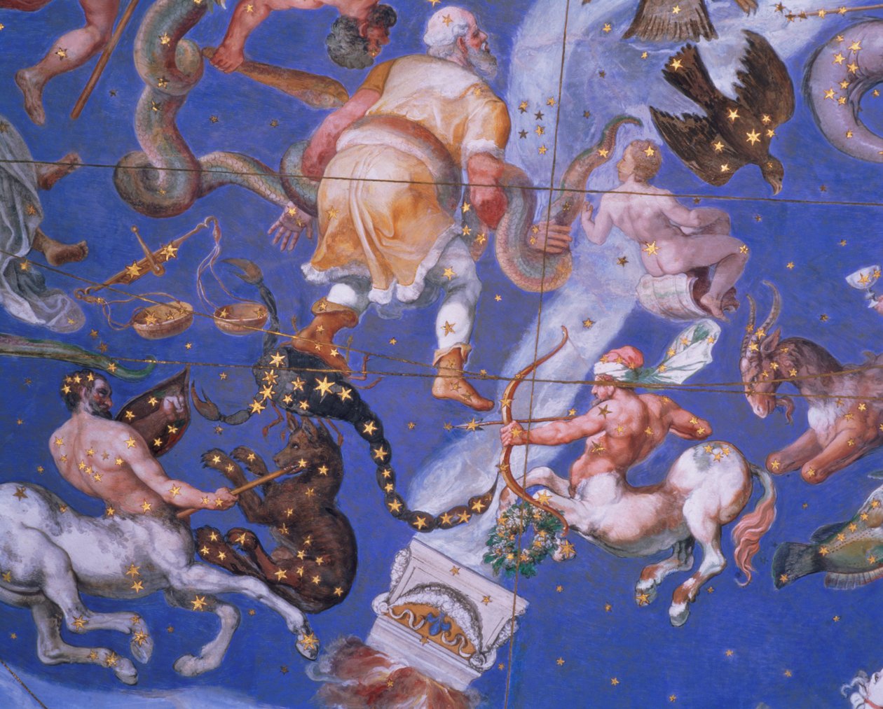 Znamení zvěrokruhu včetně bojujících kentaurů, detail z trezoru „Sala del Mappamondo“ (Mapy Síně světa) kolem roku 1574-5 od Giovanni de Vecchi