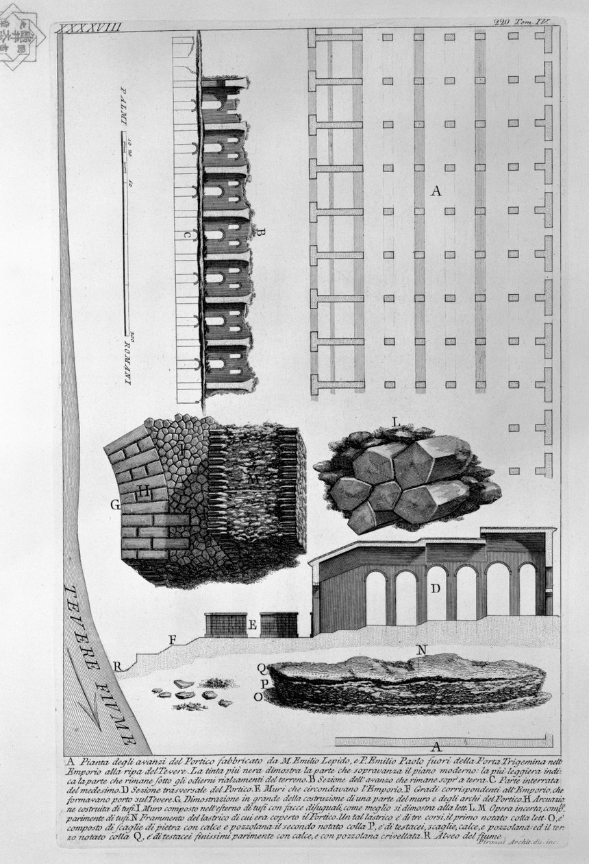 Ukázka zbytků portiku postaveného M. Emiliem Lepidem a P. Emiliem Paolem mimo Porta Trigemina v Emporiu na břehu řeky Tibery od Giovanni Battista Piranesi