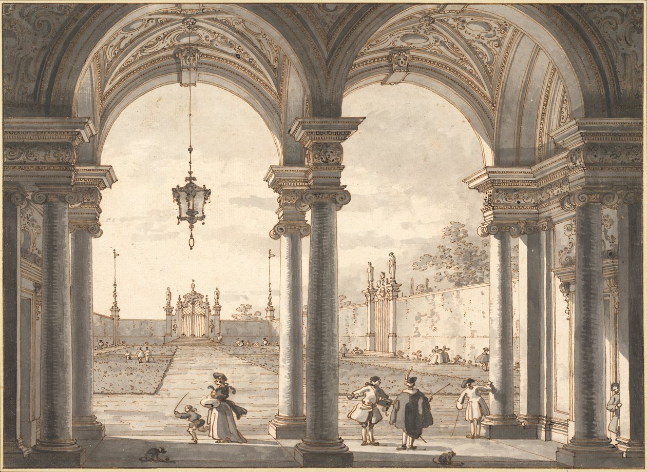 Pohled barokní kolonádou do zahrady, 1760-1768 od Giovanni Antonio Canal