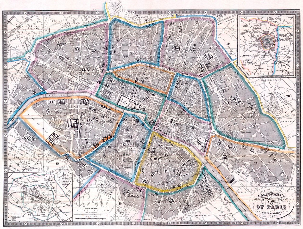 Starožitná mapa Paříže od Giovanni Antonio Galignani