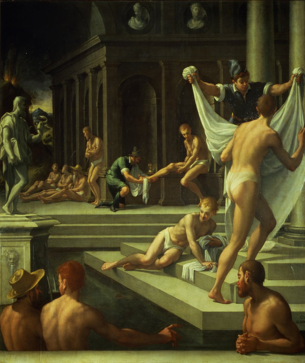Lázně Pozzuoli, 1572 (olej na břidlici) od Girolamo Macchietti