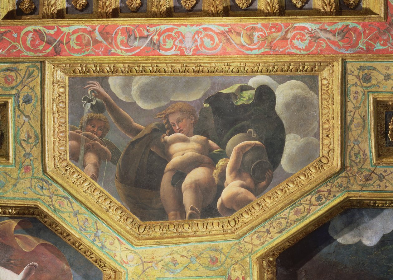 Nymfa vylévající vodu ze džbánu, putto močící a další putto držící urnu, stropní keson ze Sala di Amore e Psiche, 1528 (olej na štuku) od Giulio Romano