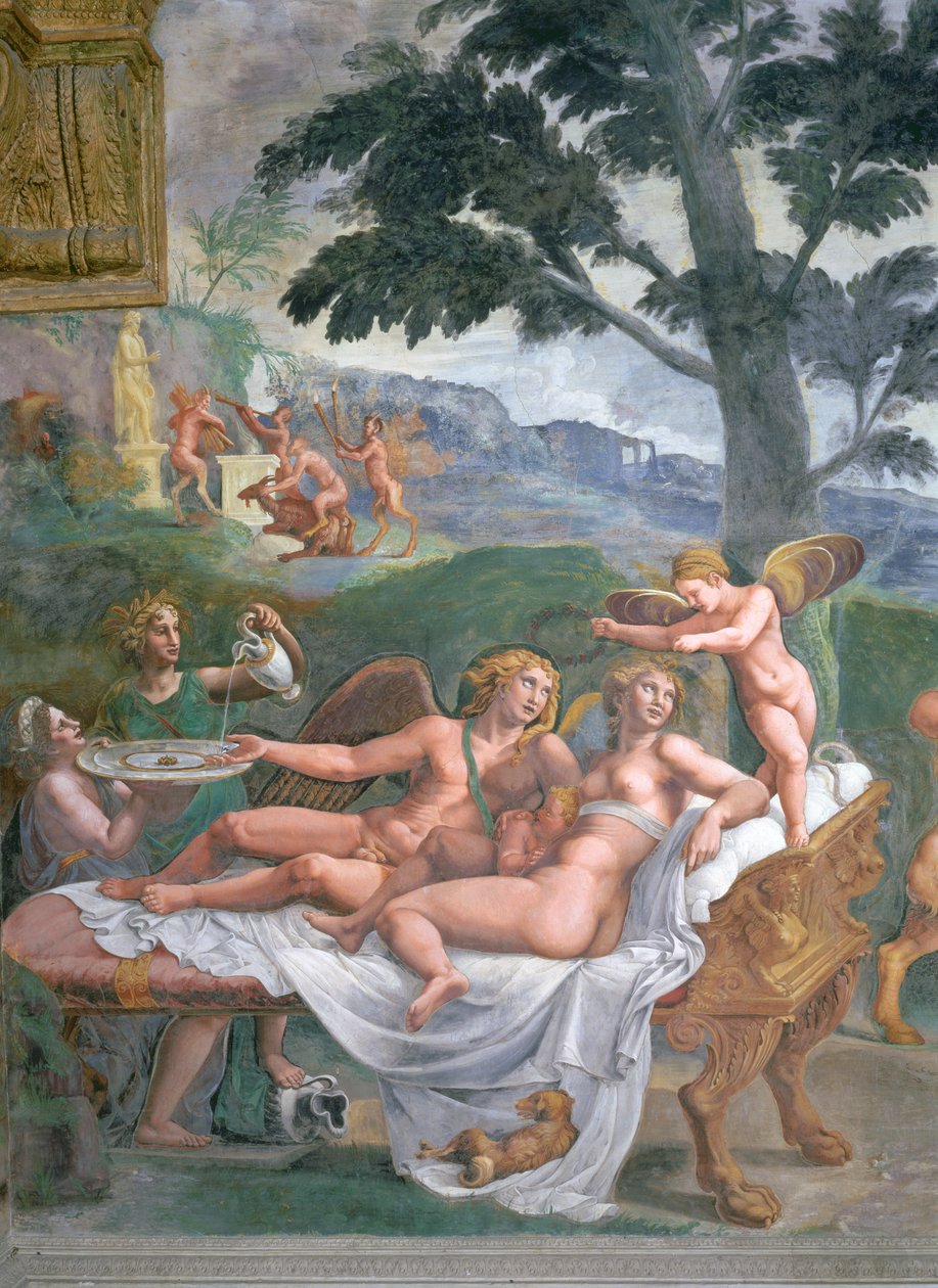 Cupid a Psyche se svou dcerou Voluptuousness, na kterou čekala Ceres, která nalévá vodu do mísy držené Juno, detail vznešené hostiny, ze Sala di Amore e Psiche, 1528 detail fresky ze 7. od Giulio Romano