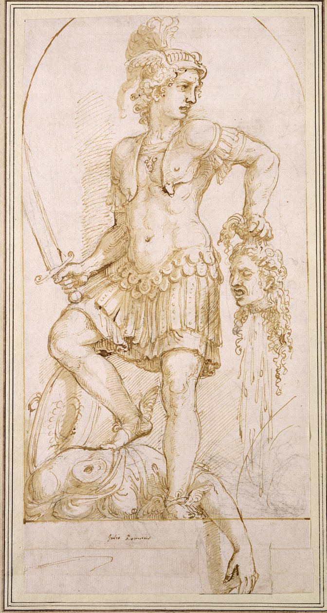 Perseus, cca 1540 (pero a hnědá tužka s černou křídou na bílém papíře) od Giulio Romano
