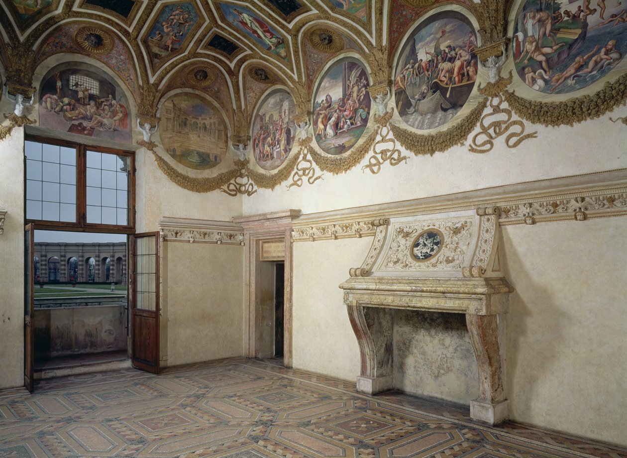 Pohled na Camera dei Venti, zobrazující štukový krb a vlys s kruhy zvěrokruhu nahoře, 1528 od Giulio Romano