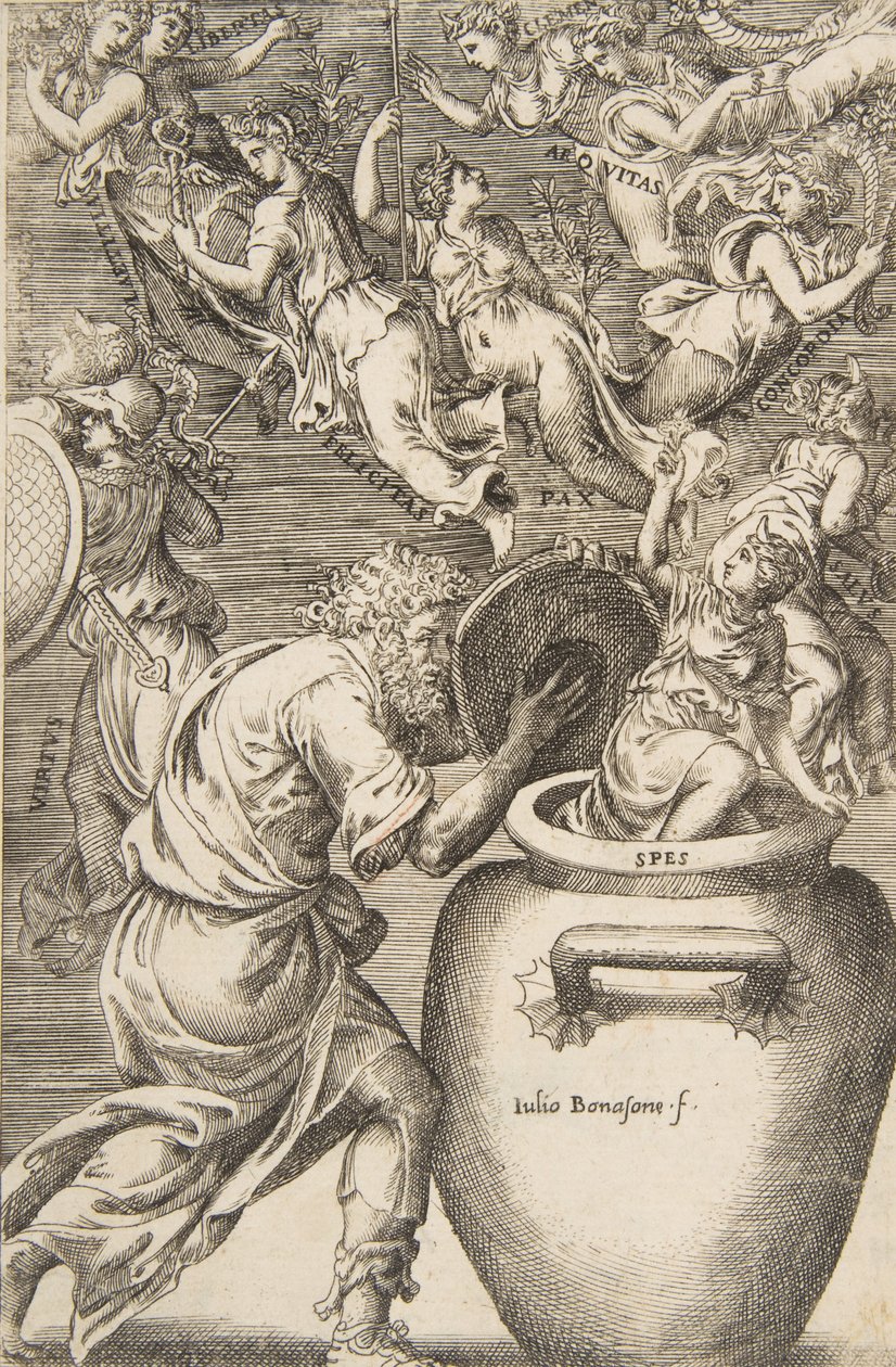 Epimetheus otevírá Pandořinu skříňku, 1531-76. od Giulio Bonasone