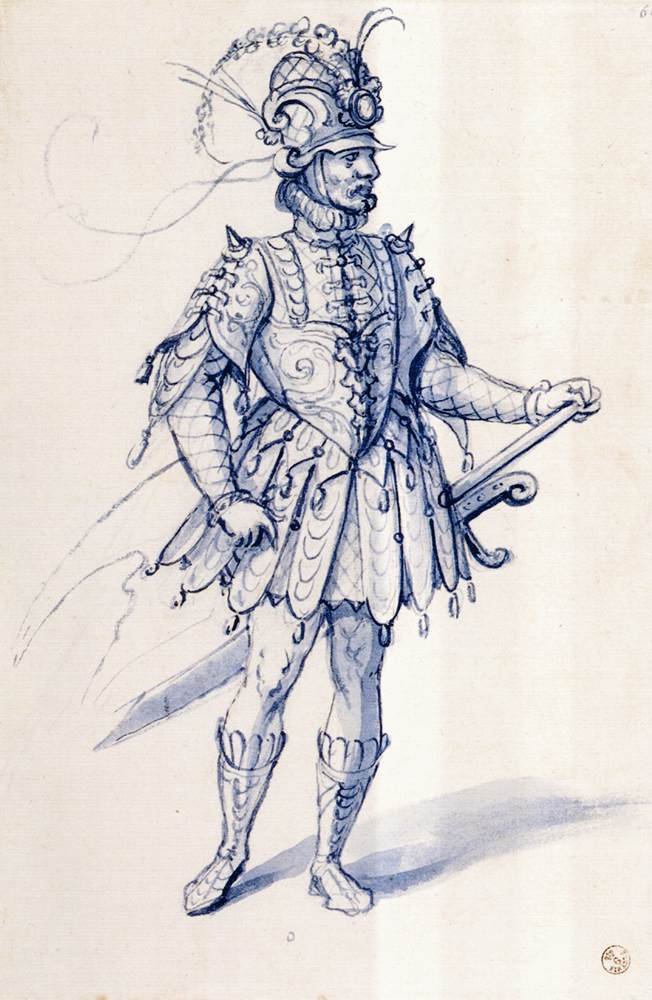 Kresba kostýmu pro rytíře od Giuseppe Arcimboldo