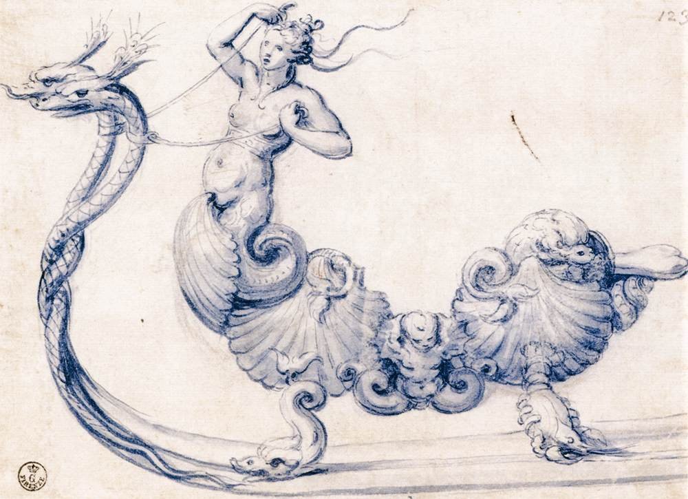 Náčrt na saních s postavami sirén od Giuseppe Arcimboldo