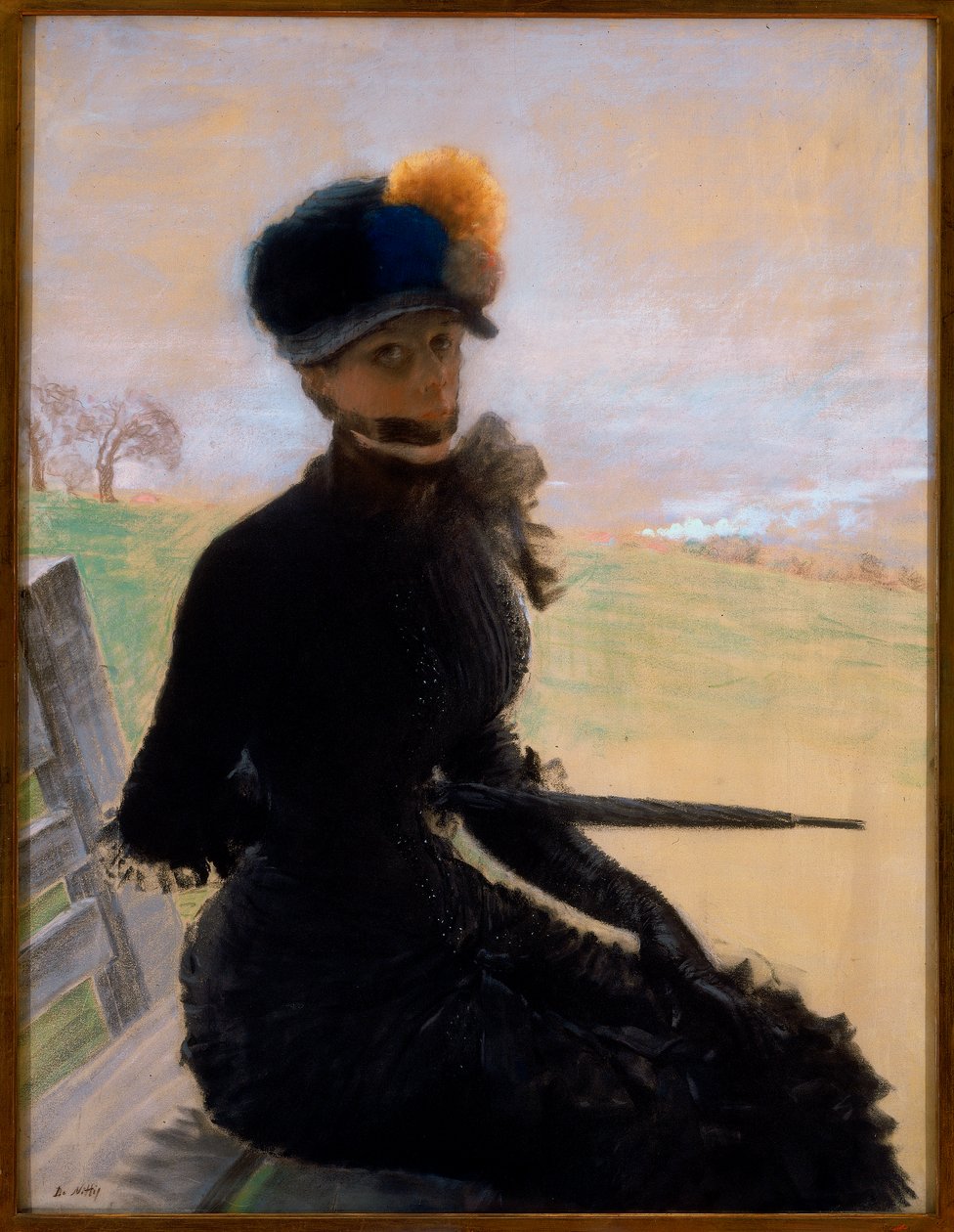 Portrétní malba na ženu sedící na lavičce od Giuseppe de Nittis