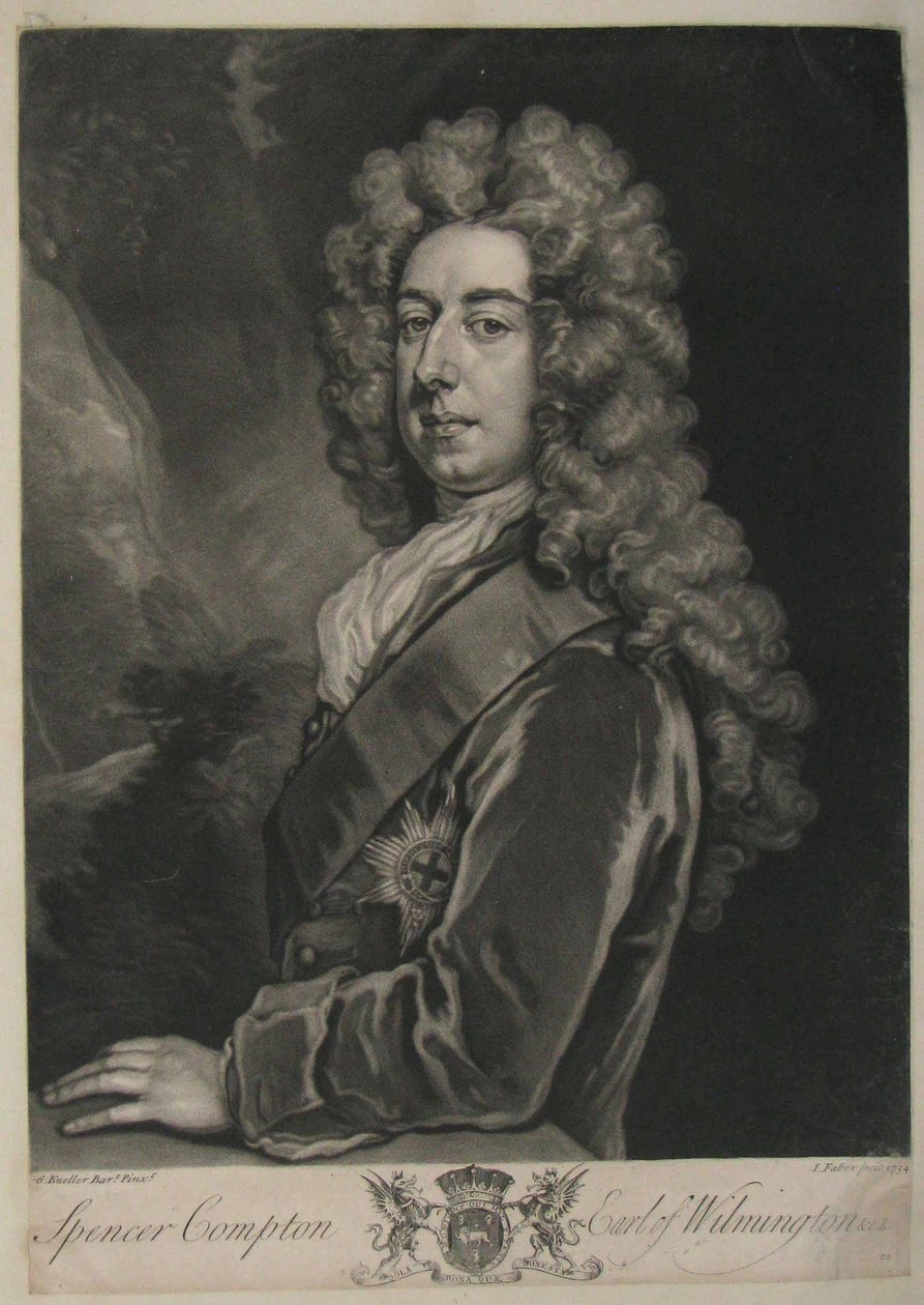 Spencer Compton, hrabě z Wilmingtonu, tisk Johna Fabera, 1734 (mezzotinta) od Godfrey Kneller