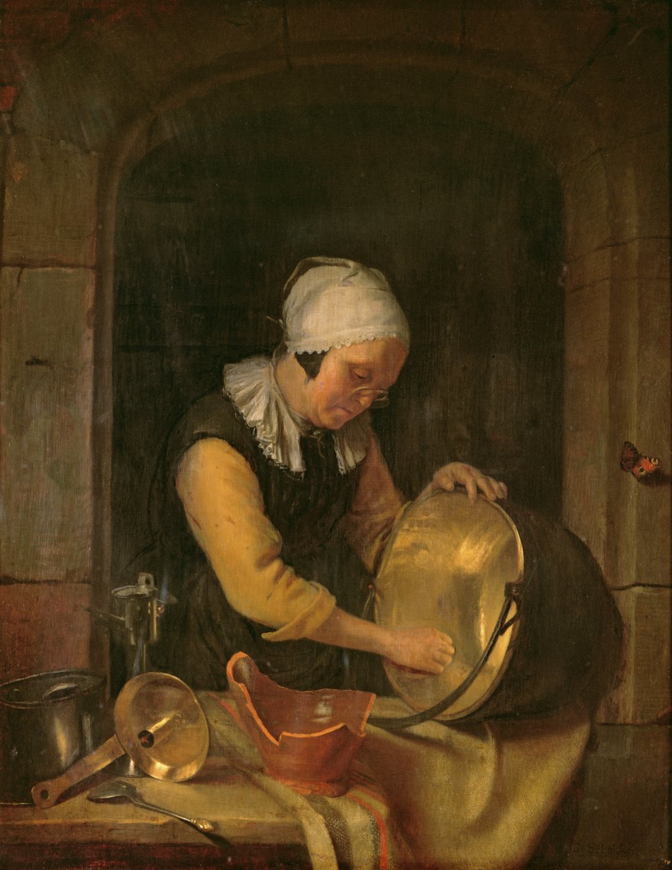 Stará žena drhne hrnec, cca 1660 (olej na dubu) od Godfried Schalcken