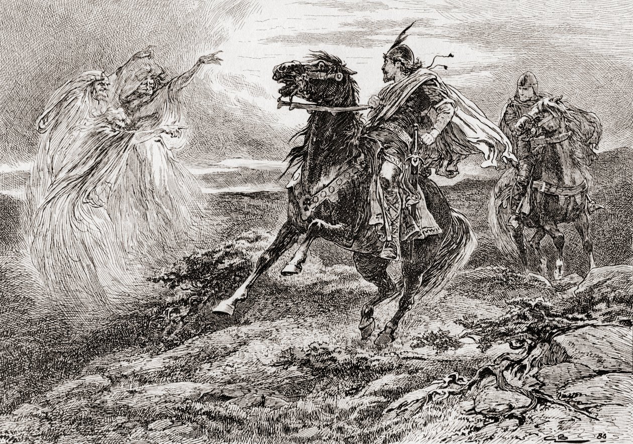 Scéna ze hry Williama Shakespeara Macbeth, 1. dějství, 3. scéna, První čarodějnice: Z díla Williama Shakespeara, vydaného v roce 1896. od Gordon Frederick Browne