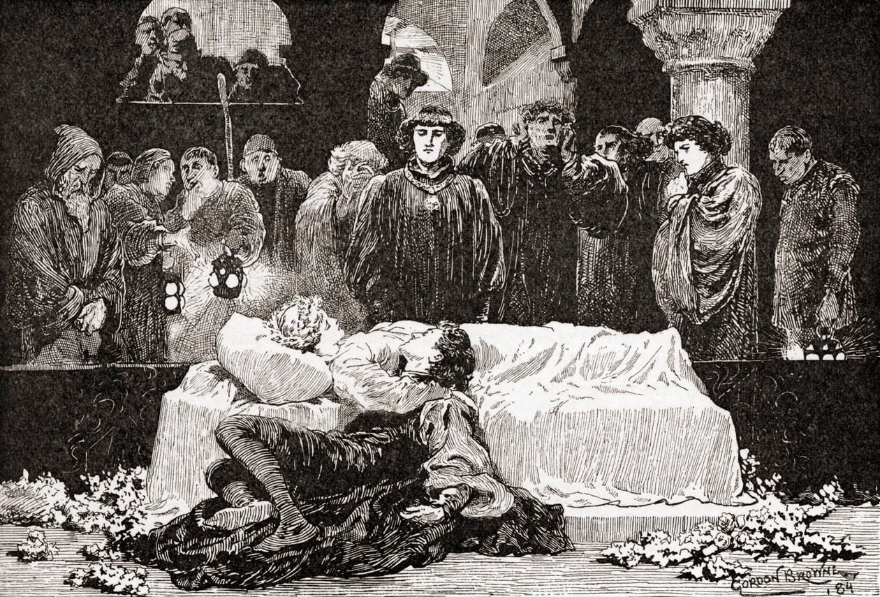 Princ: Neboť nikdy nebyl příběhem většího trápení než tento o Julii a jejím Romeovi, Scéna z hry Williama Shakespeara Romeo a Julie, V. dějství, scéna 3, z Díla Williama Shakespeara, vydáno 1. od Gordon Frederick Browne