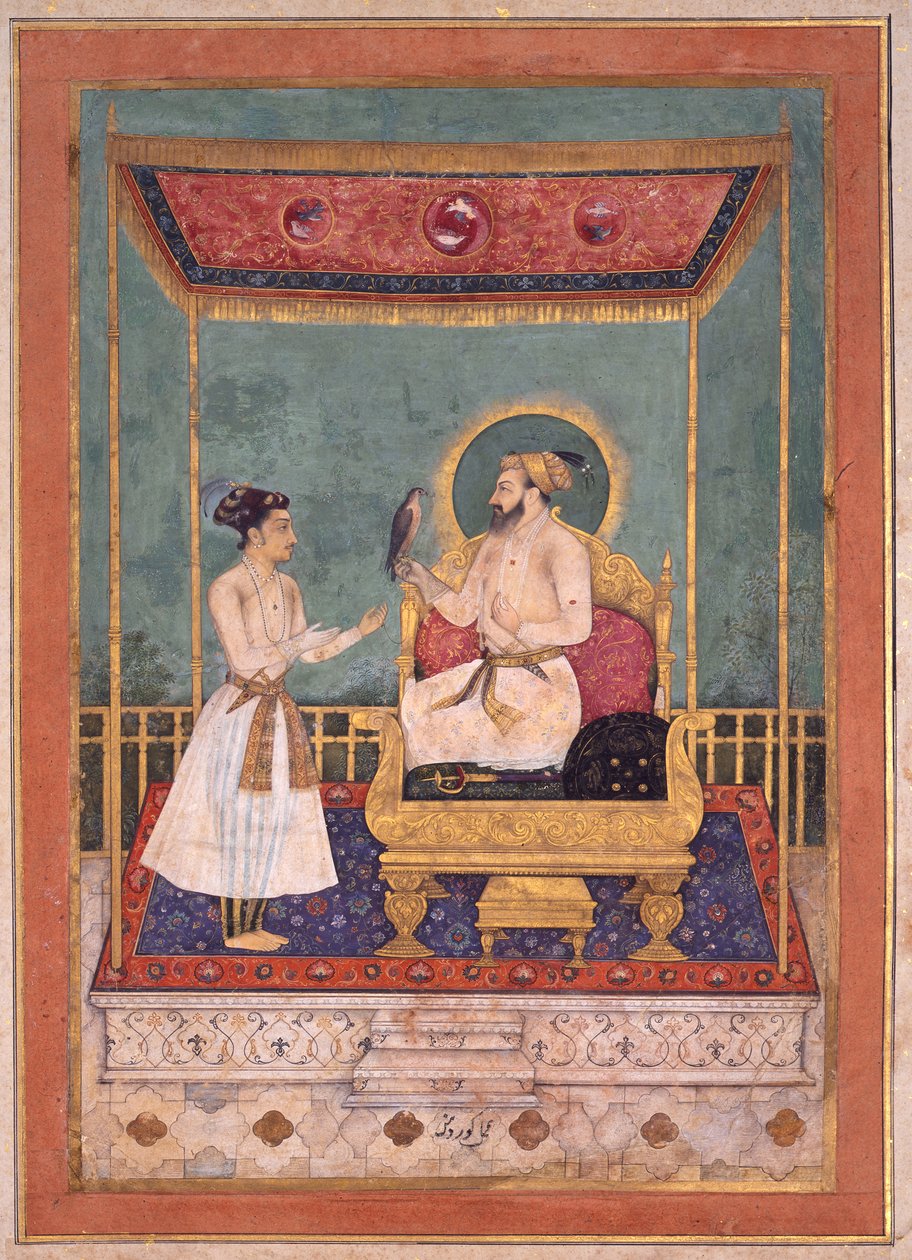 Šáh Džahán na trůně se svým synem Darou Šikóhem, asi 1630-1640 (neprůhledná čb a zlato na papíře) od Govardhan