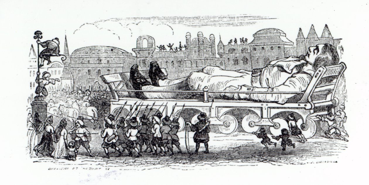 Gulliver je transportován do hlavního města Liliputánů, ilustrace z „Gulliver