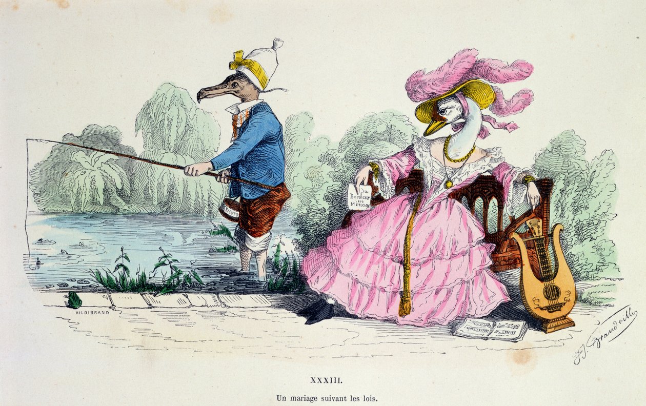 Marriage by the Book, karikatura ze série „Les Metamorphoses du Jour“, přetištěná v roce 1854 (viz také 213938) od Grandville