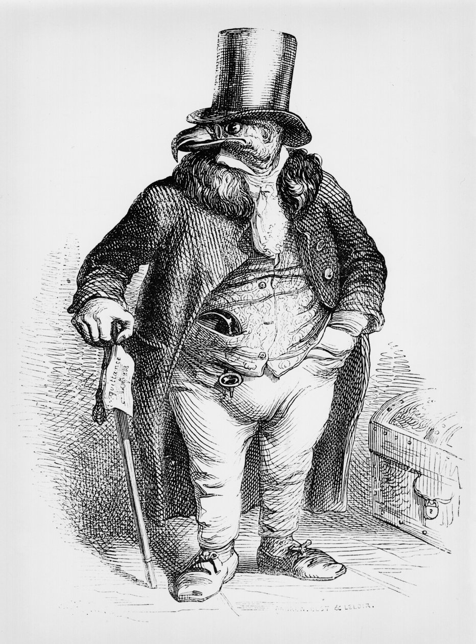 Majitel jako Sir Vulture, karikatura z „Vie privee et publique des Animaux“, vydaná v roce 1867 od Grandville