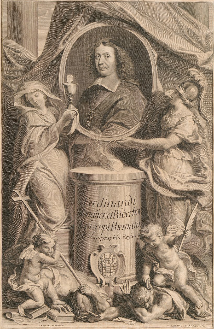 Dvě ženské postavy, náboženství a moudrost, drží portrét Ferdinanda von Fürstenberg, zatímco jejich géniové, kacířství a nevědomost jim padají k nohám. od Gérard Edelinck