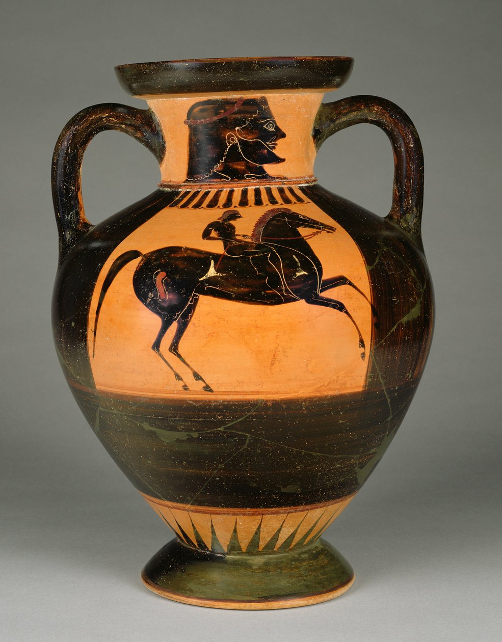 Athenian Attic černofigurová amfora s nahým jezdcem, cca 570-60 (terakota) od Greek