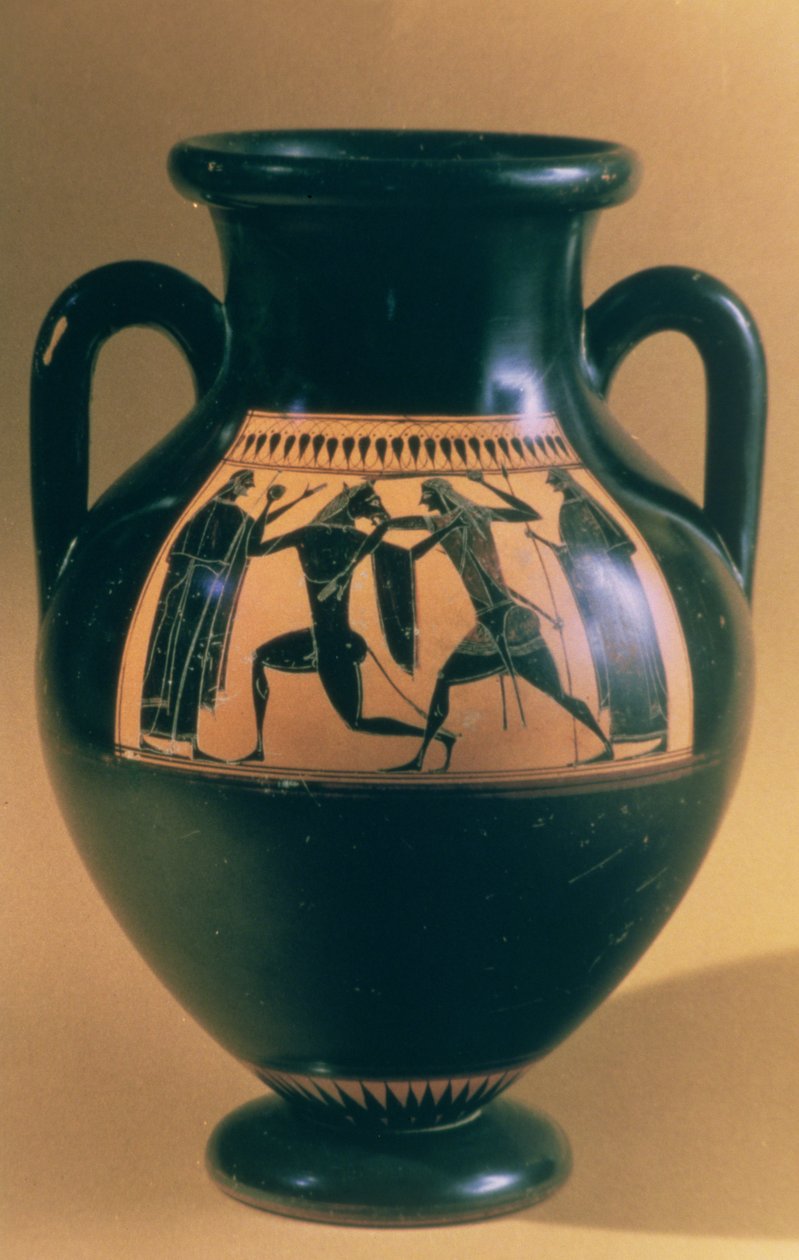 Atická amfora s černou figurou zobrazující Thesea a Minotaura, cca 540-30 př. n. l. (hliněné nádobí) od Greek
