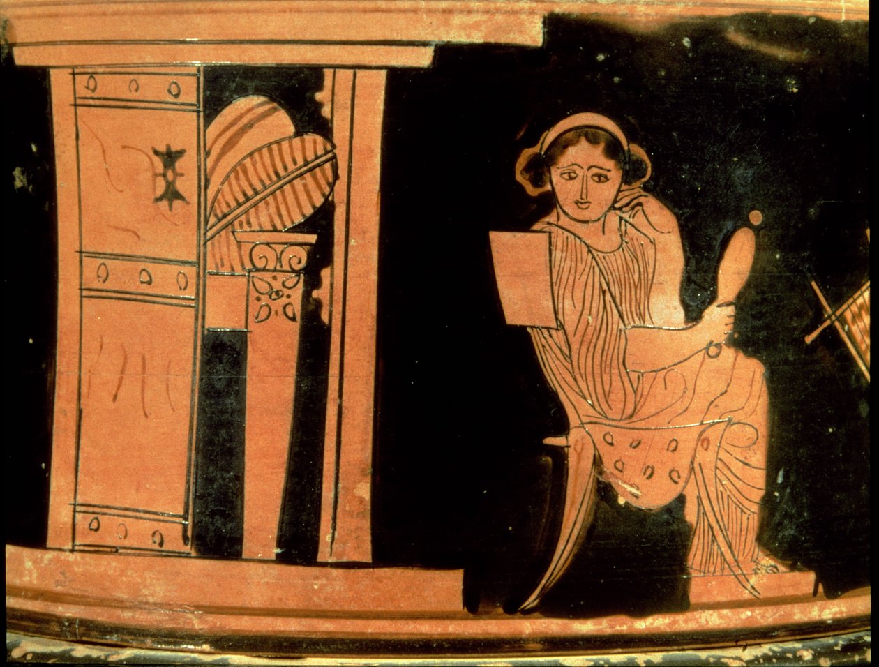 Attická červená figurka pyxis s vyobrazením nevěsty, 5. století př. n. l. (keramika) od Greek
