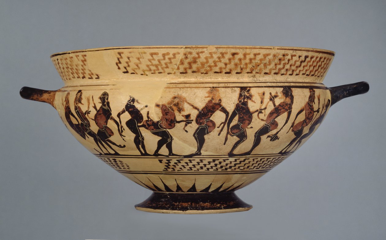Středokorintský pohár zdobený šestnácti vycpanými tanečnicemi nebo komasty, možná z Cerveteri, c.600-575 (keramika) od Greek