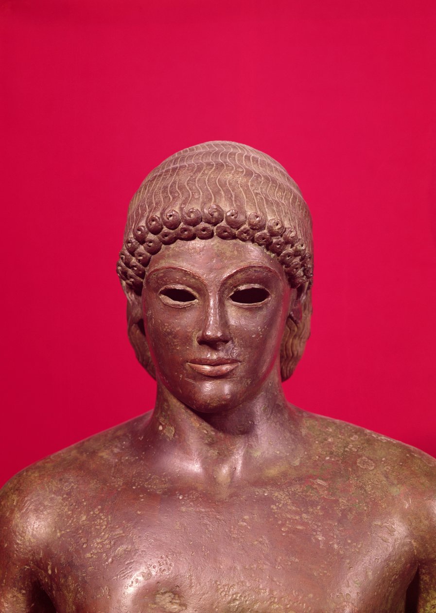 Apollo z Piombina, detail hlavy sochy, nalezený v Beneventu, Řecko, cca 480 př. n. l. bronz viz také 98014-16 & 177203 od Greek