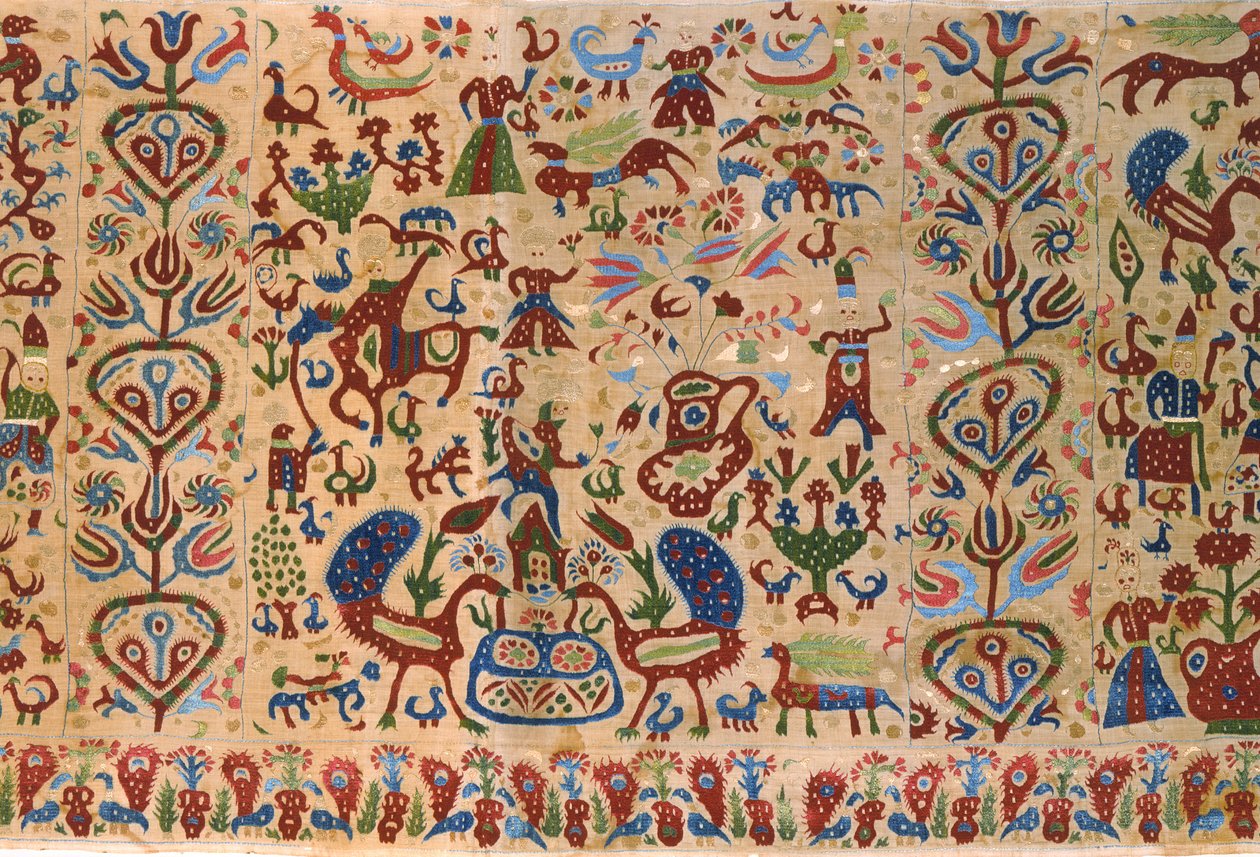 Část drapérie na svatební postel, z Ioannina, Ipeiros (prádlo vyšívané hedvábnými nitěmi) (detail) (viz také 271904) od Greek School