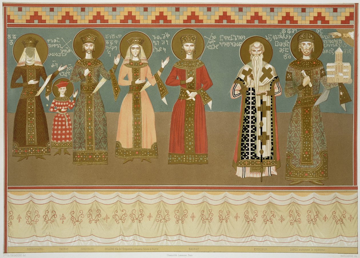 Imereth: fresky z kláštera Gelati, deska 8 z „Le Caucase pittoresque, dessine apres nature“ s textem hraběte Ernesta Stackelberga, vydáno 1847 od Grigori Grigorevich Gagarin