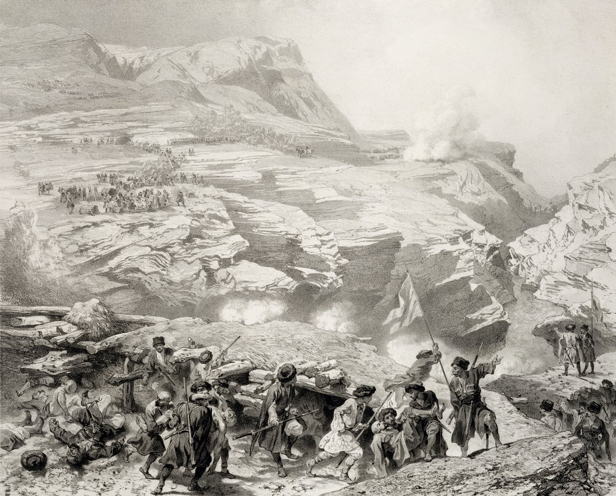 Soulak Pass at Akhati, Dagestán, deska 61 z knihy o Kavkaze, vyryl Eugene Ciceri (1813-90) a Adolphe Jean-Baptiste Bayot (1810-66), vydal Alfred Leon Lemercier, Paříž, 1847 (lith od Grigori Grigorevich Gagarin