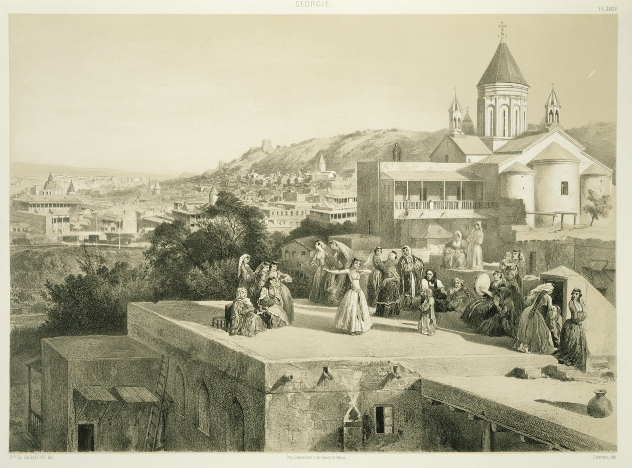 The Terraces of Tiflis, Georgia, deska 34 z knihy o Kavkaze, vyryla Laurens, vydal Alfred Leon Lemercier, Paříž, 1847 od Grigori Grigorevich Gagarin