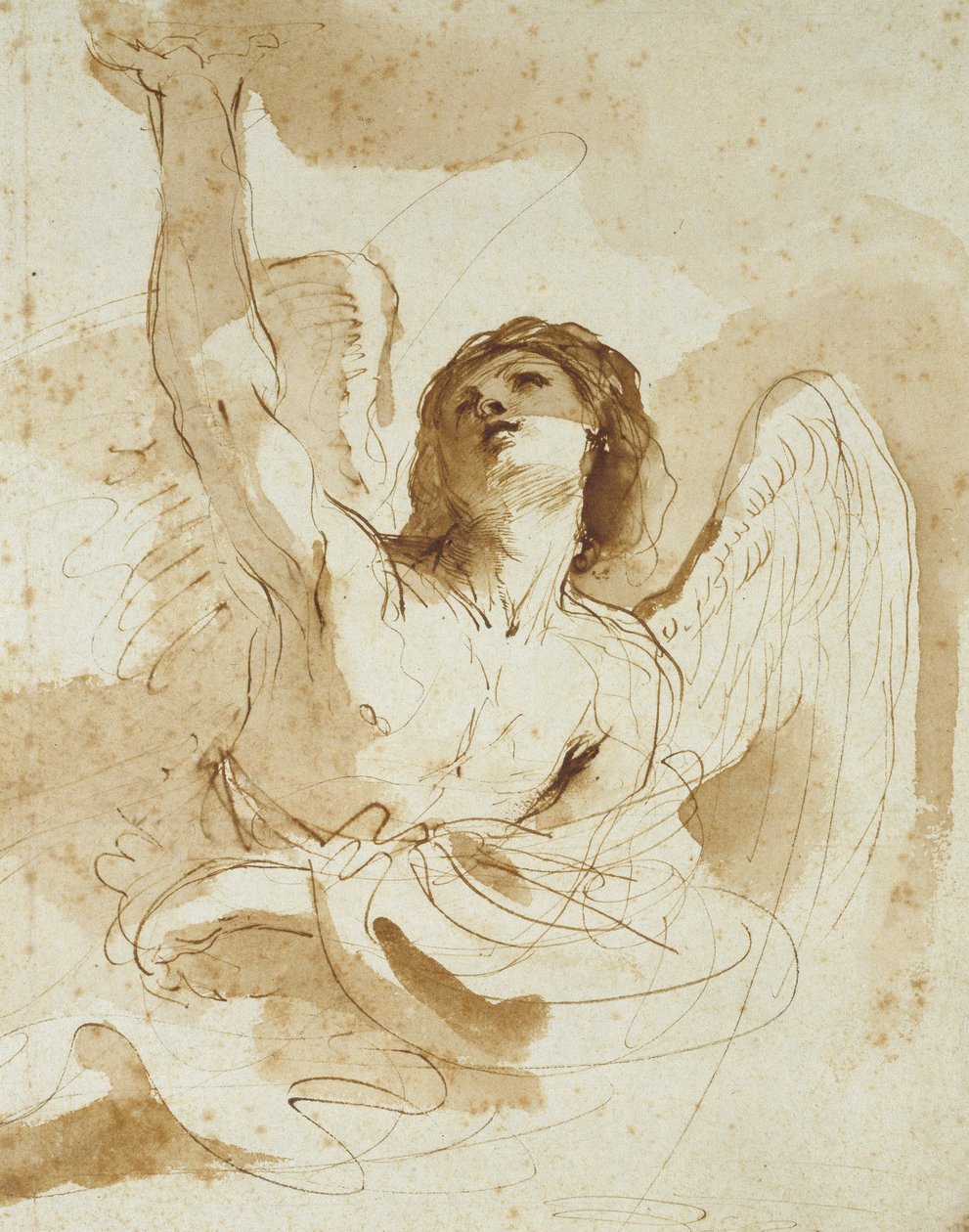 Anděl (pero a hnědý inkoust s hnědým praním na špinavě bílém papíře) od Giovanni Francesco Barbieri