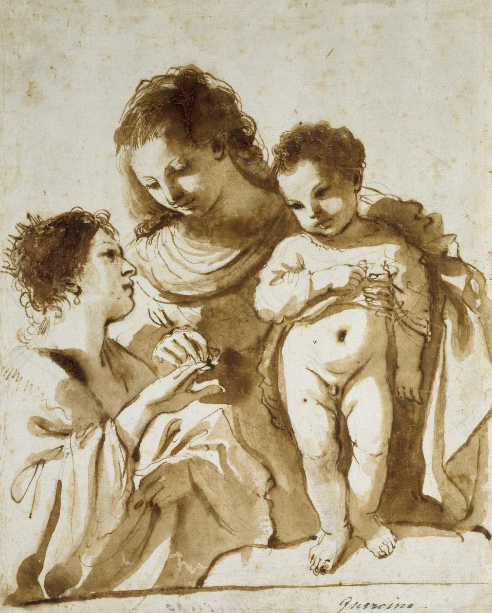 Mystická svatba svaté Kateřiny, 1618 - 1619 (pero a hnědý inkoust s hnědým přelivem na bílém papíře černou křídou) od Giovanni Francesco Barbieri