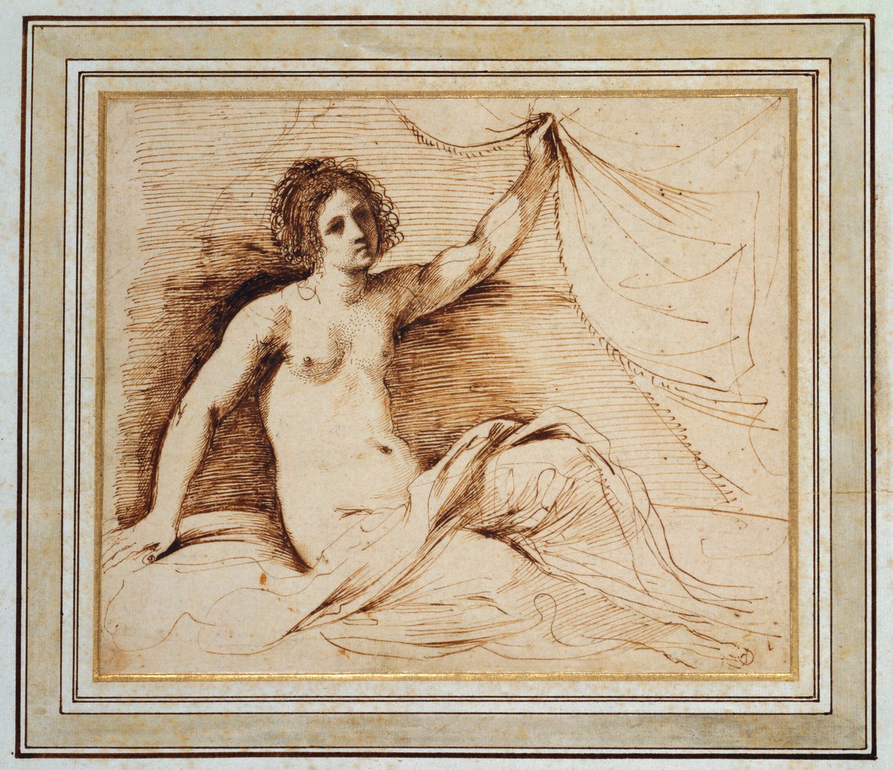 Ležící nahá žena zvedající závěs od Guercino