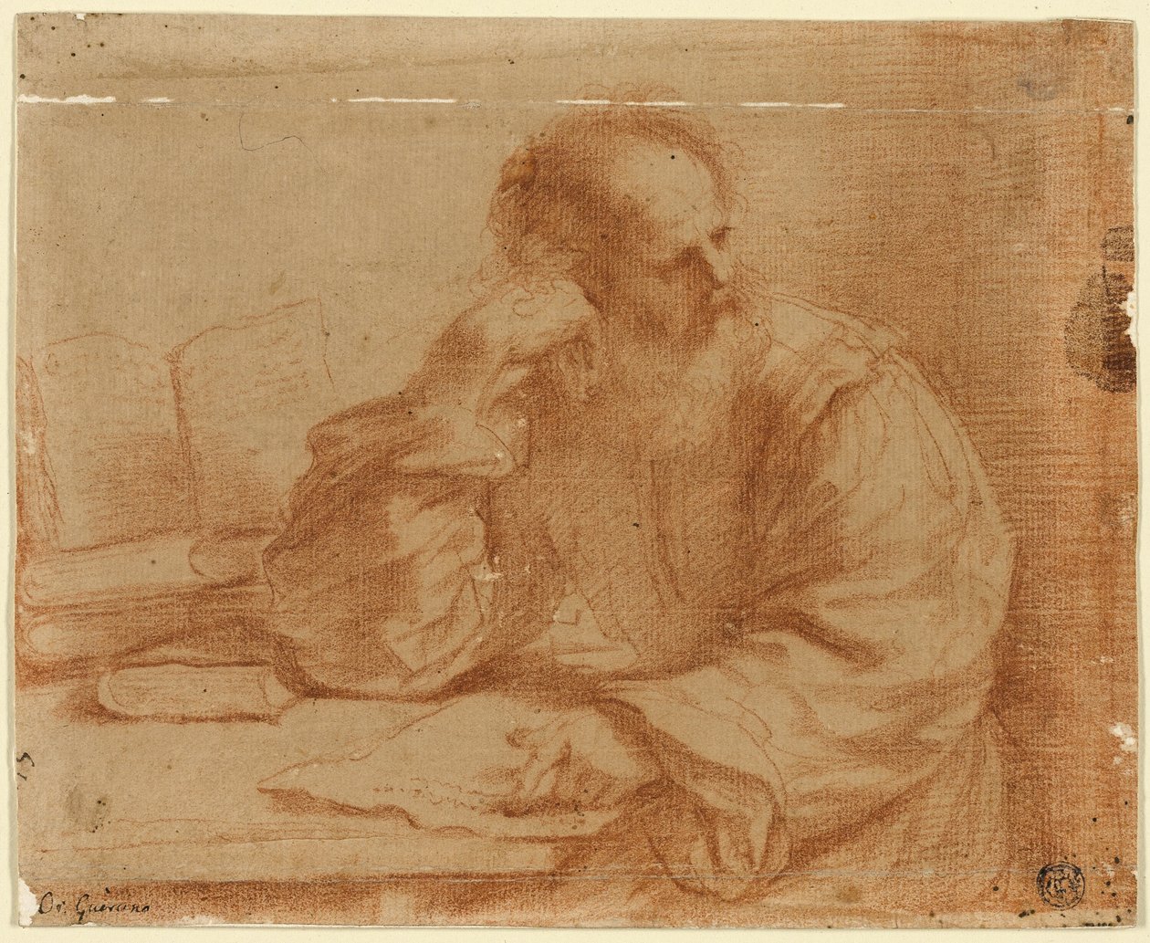Vousatý muž sedící u stolu od Guercino