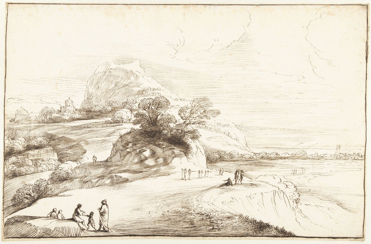 Horská krajina s dalekým výhledem od Guercino
