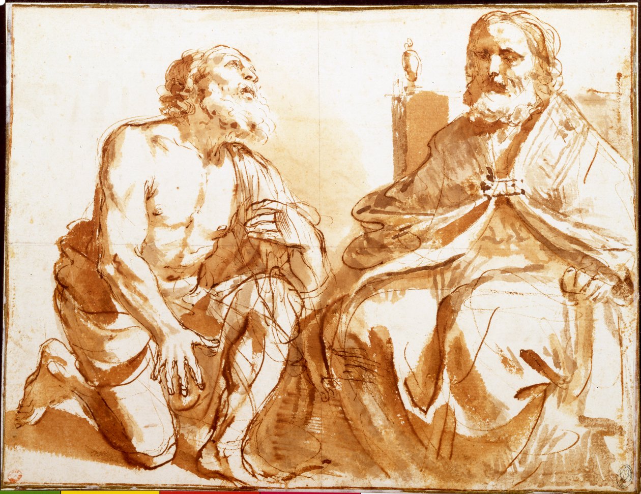 Sedící biskup a klečící světec od Guercino