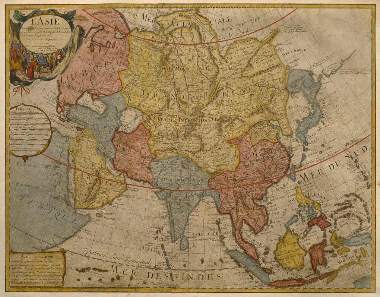 Mapa Asie, vydaná v roce 1700, Paříž (barevná rytina) od Guillaume Delisle