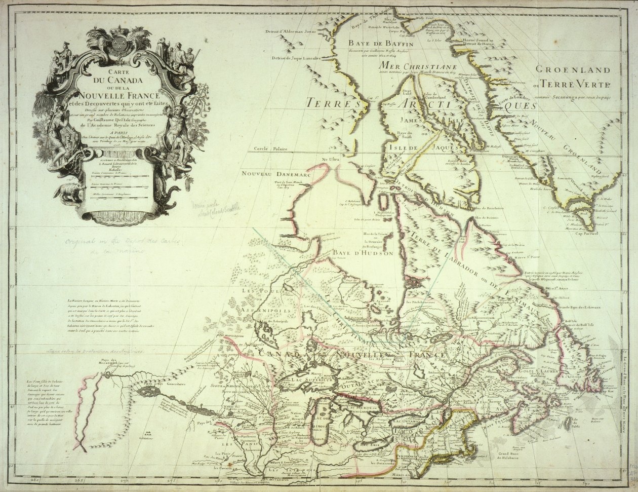 Mapa Kanady, vydaná Paříž, 1703 (ručně kolorovaná rytina) od Guillaume Delisle