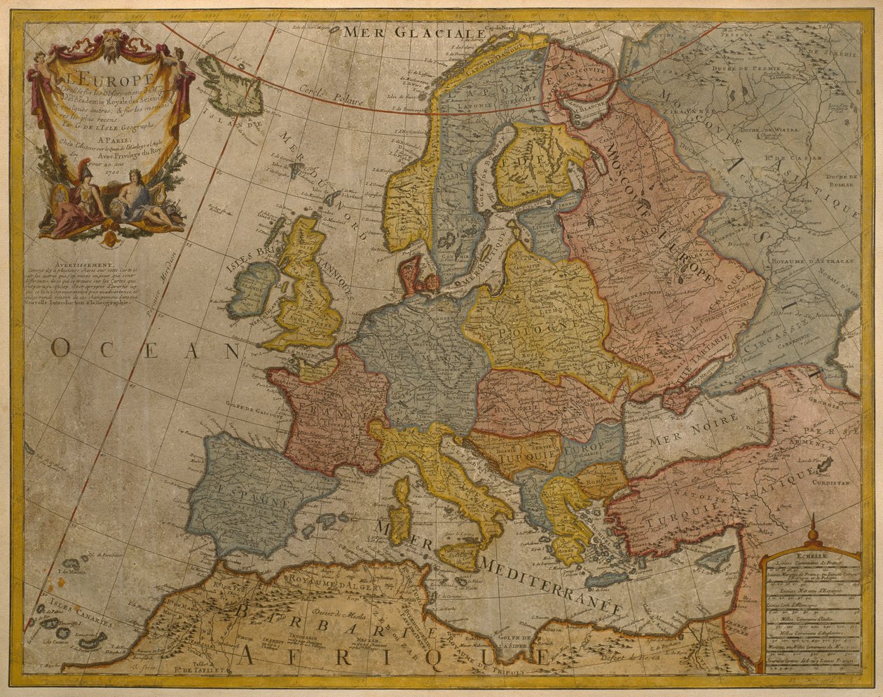 Mapa Evropy, vydaná v roce 1700, Paříž (barevná rytina) od Guillaume Delisle