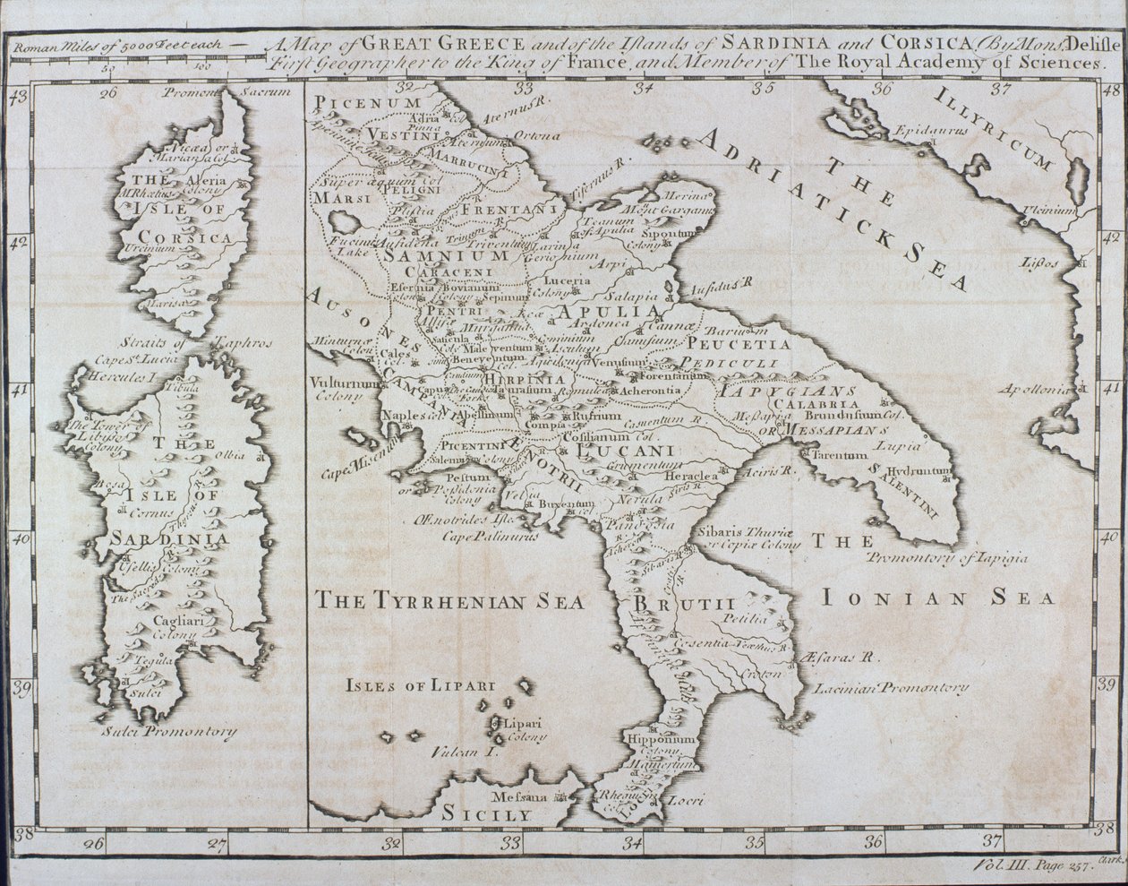 Mapa jižní Itálie, Korsiky a Sardinie známá ve starověku jako Velké Řecko nebo Magna Graecia, počátek 18. století od Guillaume Delisle