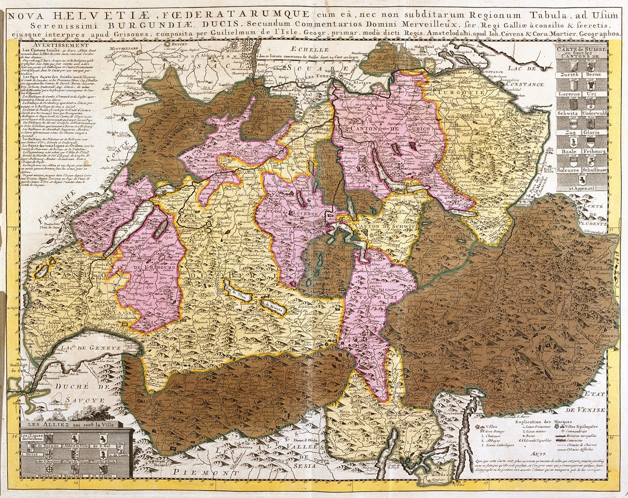 Mapa švýcarské federace (lept od Guillaume Delisle