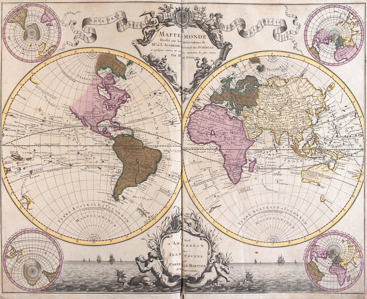 Mapa obou polokoulí od Guillaume Delisle